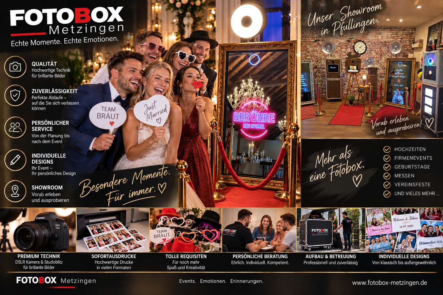 FOTOBOX Metzingen – Fotoboxen, Showroom in Pfullingen, Premium-Technik, Sofortausdrucke, Requisiten und individuelle Designs